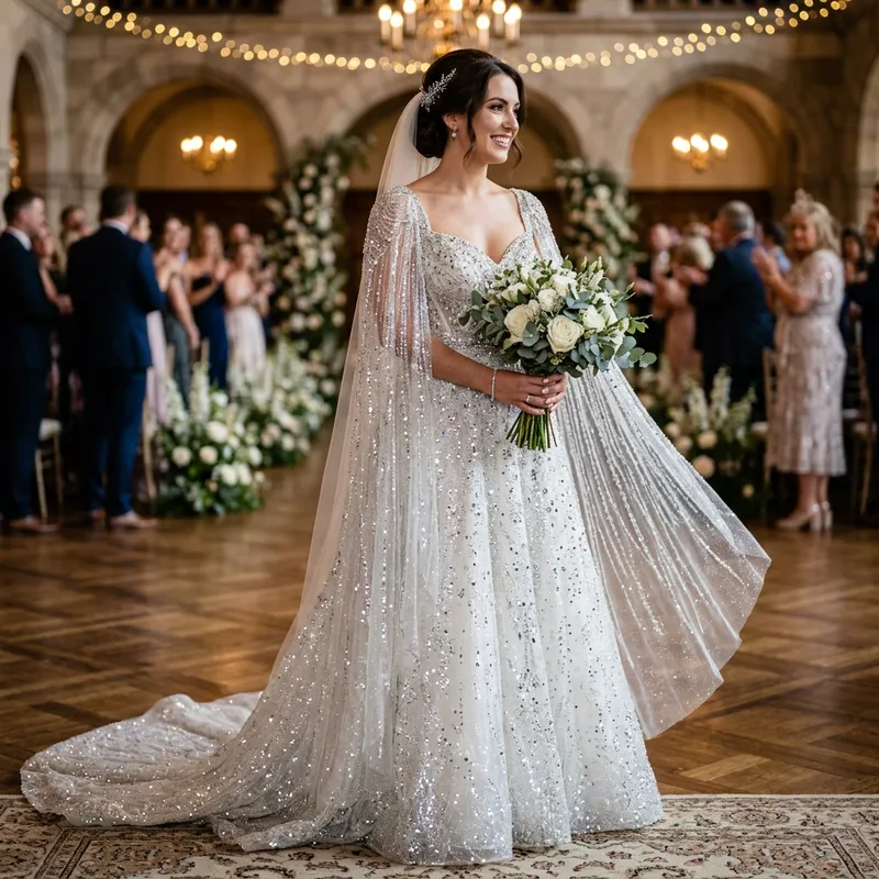 Elegant Glitter Wedding Dress with Cascading Sleeves