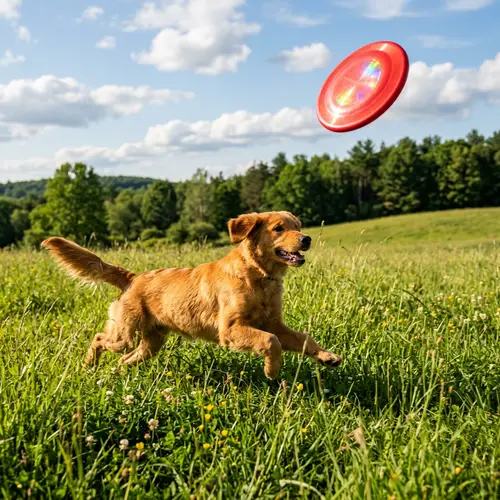 Playful Golden Retriever Puppy Romping in Verdant Field | Sunny Afternoon