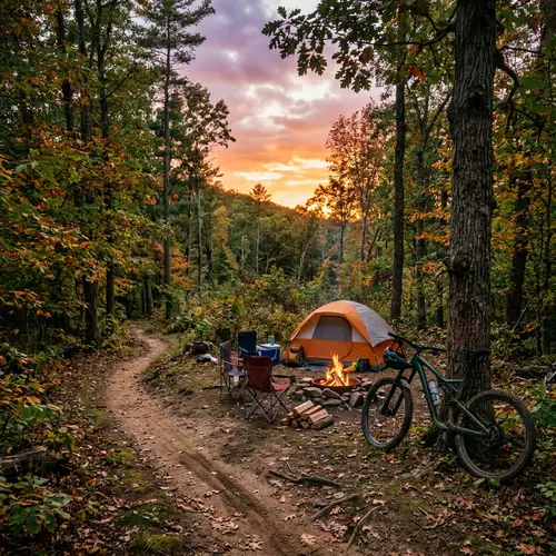 Serene Campsite in Lush Forest | Sunset Sky & Bike Trail
