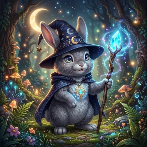 Wizard Rabbit with Magical Staff and Hat