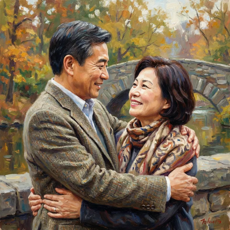 Oil Painting of a Loving Middle-Aged Asian Couple