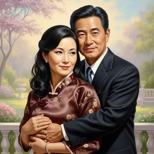 Oil Painting of a Loving Middle-Aged Asian Couple