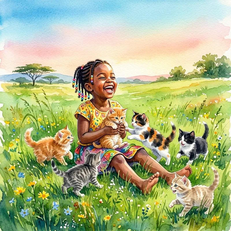 African Child Playing with Kittens in Field
