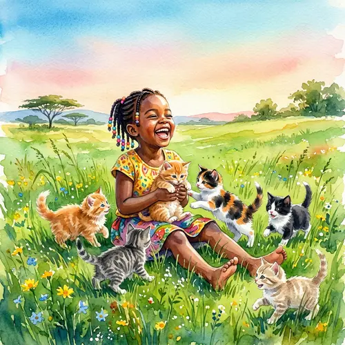 Joyful African Child Playing with Kittens in Sunny Field