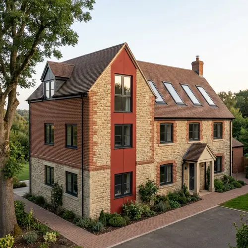 Exterior Addition with Red Panel on Three Levels