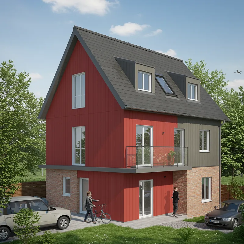 Exterior Addition with Red Panel on Three Levels