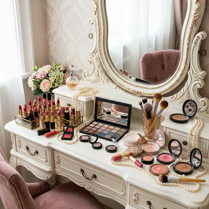 Vintage-Inspired Makeup Collection on Elegant Vanity Table Vintage-Inspired Makeup Collection on Elegant Vanity Table