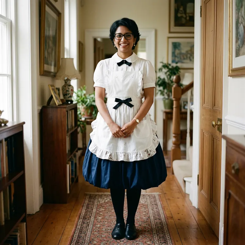 Lovely South Asian Woman in Elegant Maid Dress and Glasses