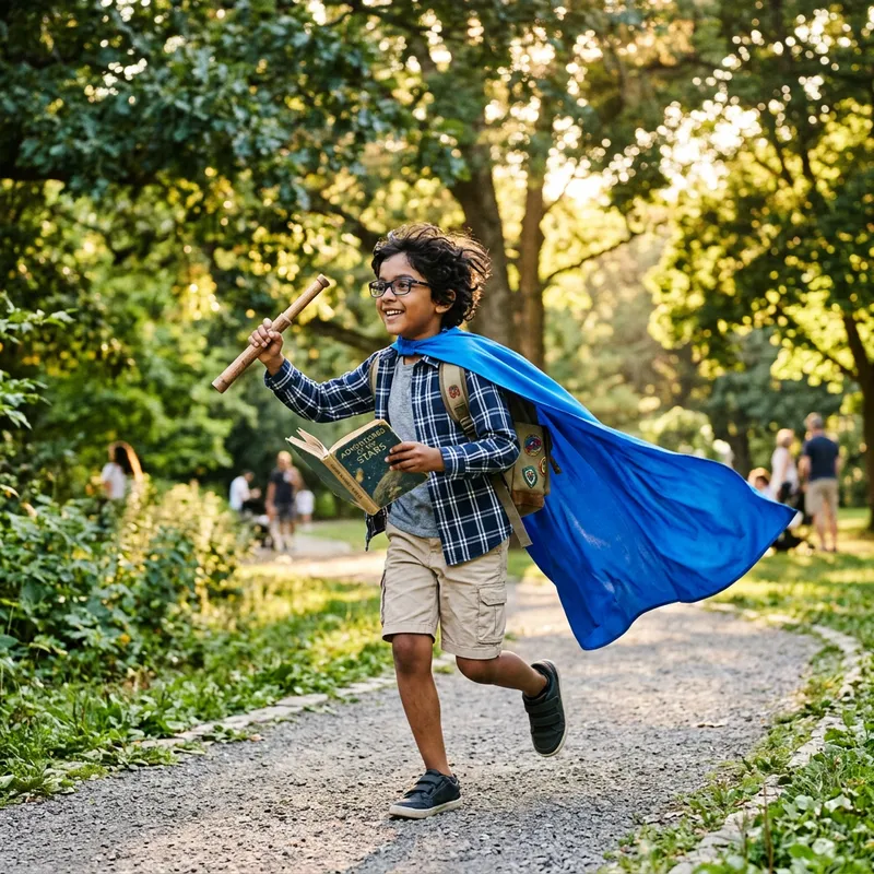 Young Boy in Glasses and Cape - Adventure in the Park Young Boy in Glasses and Cape - Adventure in the Park