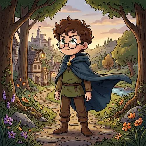 Heroic Boy Cartoon with Glasses and Cloak