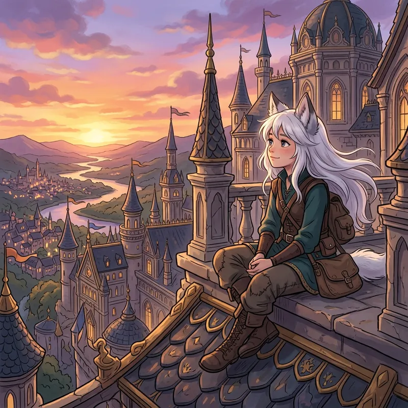 Anime Version of Girl with White Hair and Wolf Ears Watching Sunset Anime Version of Girl with White Hair and Wolf Ears Watching Sunset
