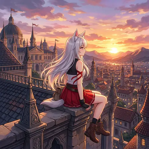 Anime Girl with White Hair and Wolf Ears Watching Sunset