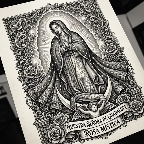 Monochrome Virgin of Guadalupe Tattoo Design