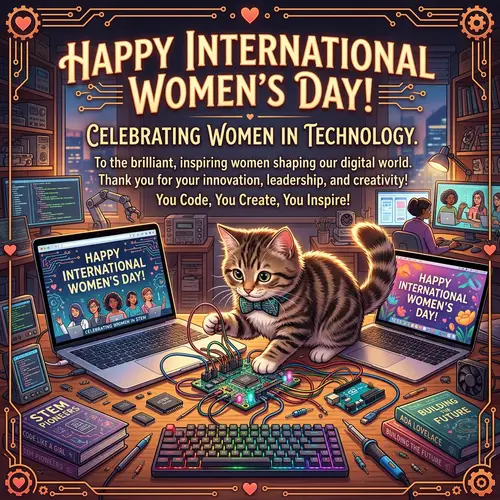 Women in Tech International Women's Day Greeting Card with Cat