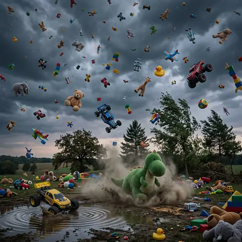 Surreal Cascade of Oversized Toys Falling from Cloudy Sky