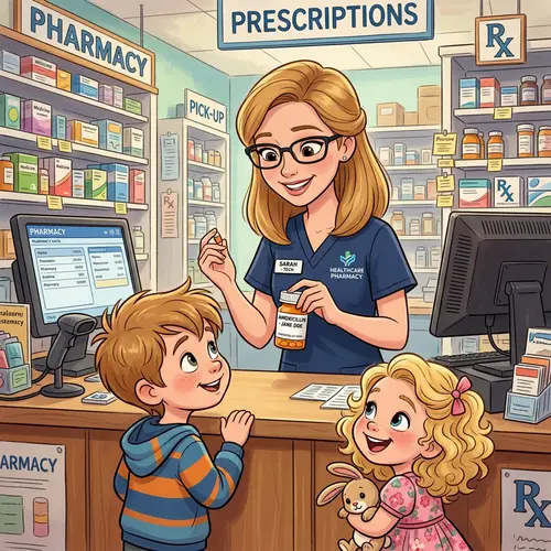 Cartoon Pharmacy Technician with Kids