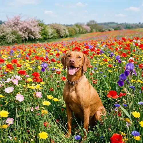 Happy Medium-Sized Dog in Lush Flower Field | Vibrant Blooms