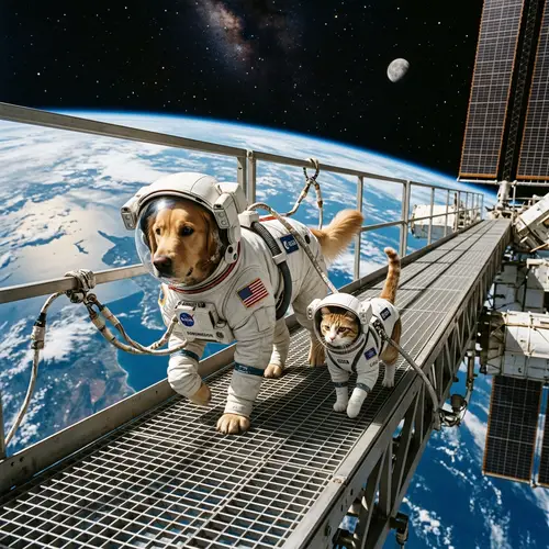Realistic Cat and Dog Walking in Space Photo