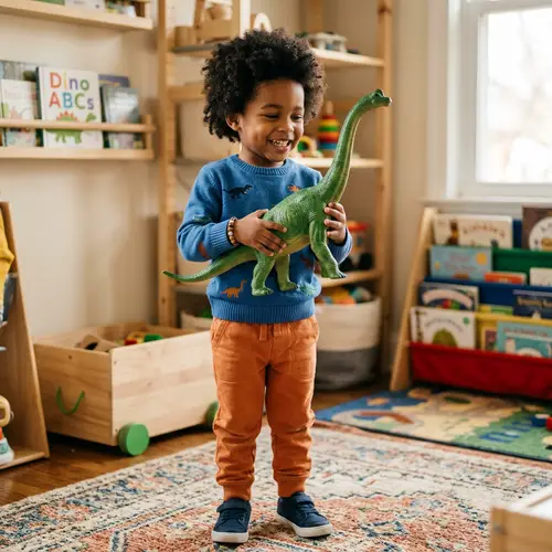 African American Boy with Brachiosaurus Toy - Joyful Exploration