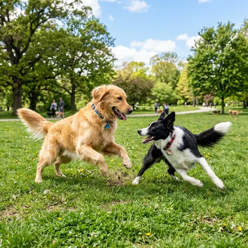Playful Golden Retriever and Border Collie Dogs in Park