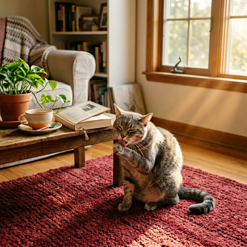 Adorable Grey Tabby Cat Lounging on Vibrant Rug