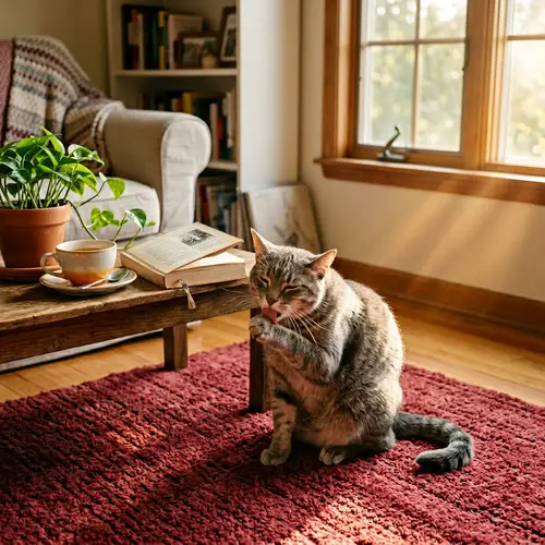 Tranquil Grey Tabby Cat Grooming on Red Rug