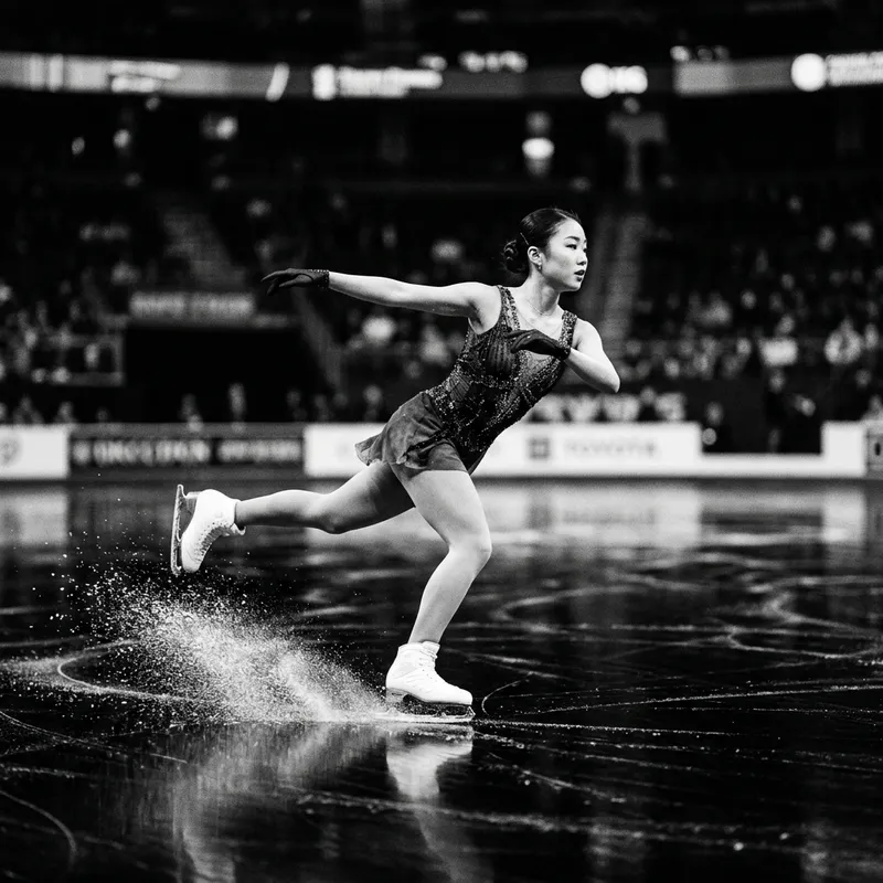 Elegant Figure Skater on Black Ice: A Monochrome Masterpiece