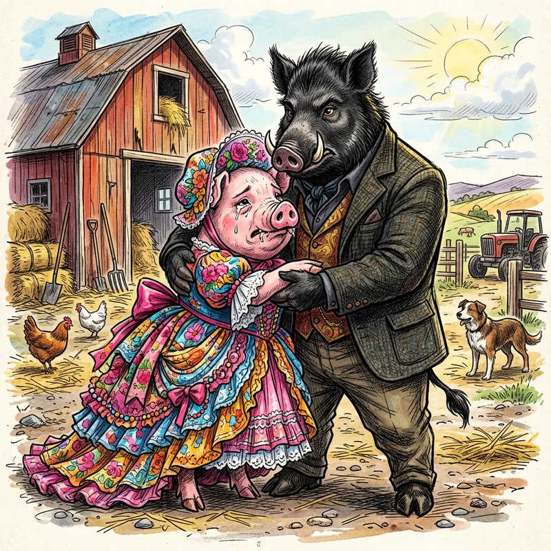 Stylish Black Wild Boar Poses with Pink Pig in Colorful Dress