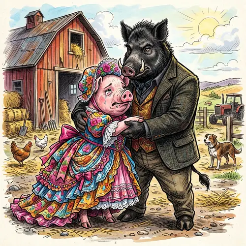 Masculine Black Wild Boar Holds Distraught Pink Pig in Vibrant Dress