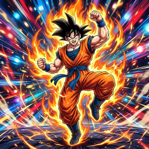 Enthusiastic Goku Dancing | Dynamic Anime Character in Orange Uniform