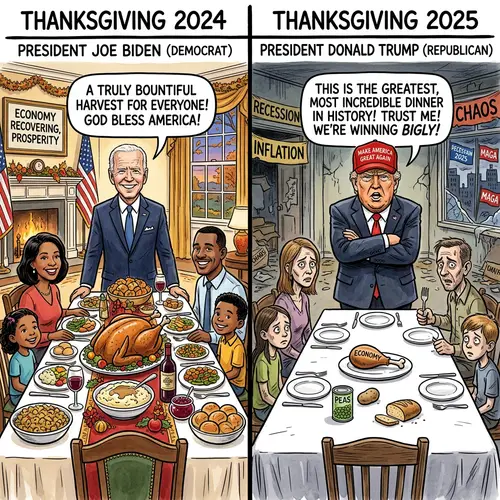 Thanksgiving Cartoon: Trump vs. Biden Dinner Comparison