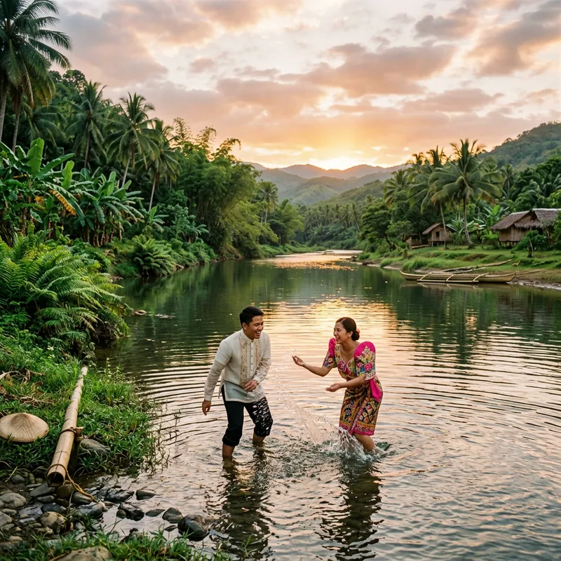 Serene Filipino River Scene with Traditional Attire