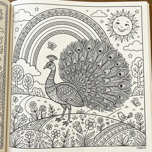 Rainbow, Peacock & Sun Coloring Book
