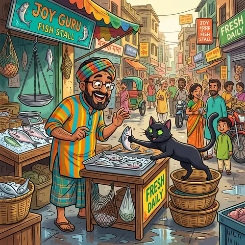Humorous Cartoon Scene: Black Cat and Fish Vendor Interaction