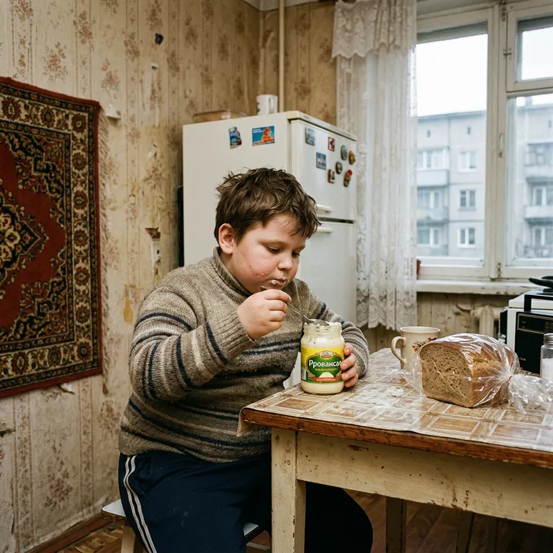 Chubby Boy Eating Mayonnaise in Vintage Russian Apartment