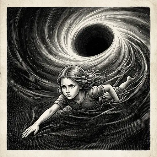 Courageous Young Girl Swimming Towards Colossal Black Hole
