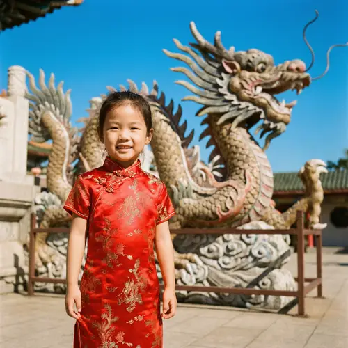 Beautiful Chinese Little Girl in Red Traditional Dress with Majestic Dragon