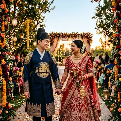 Asian Wedding Couple in Traditional Attire - Romantic Outdoor Setting