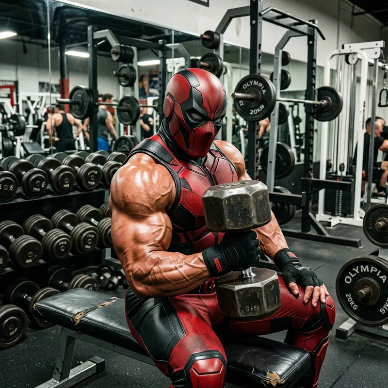 Deep Pool Bodybuilder Photo in Red and Black Costume Training at Gym Deep Pool Bodybuilder Photo in Red and Black Costume Training at Gym