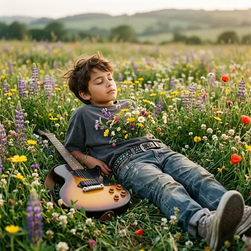 Musical Passion: Rock Musician in Blooming Field