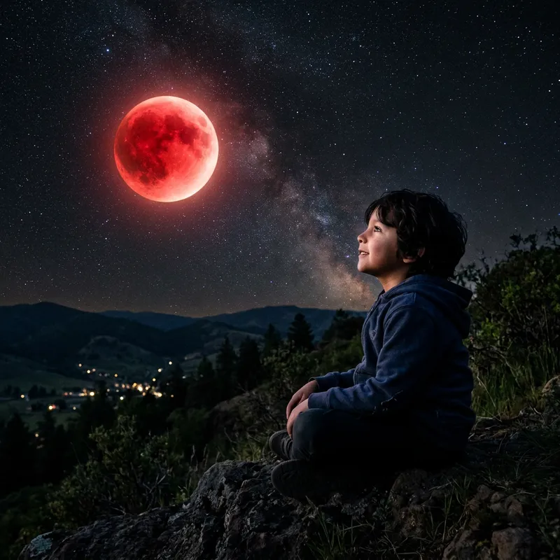 Young Boy Sits in Spectacular Blood Moon Sky