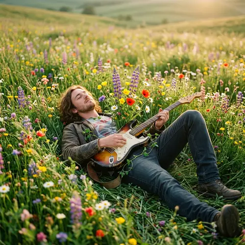 Nature Harmony | Vibrant Field Rock Musician with Guitar