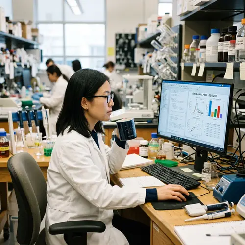 Asian Woman in Lab Coat Analyzing Data | Scientific Laboratory