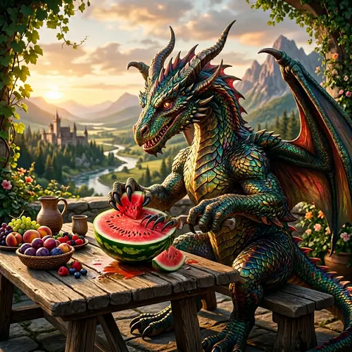 Majestic Dragon Enjoying Watermelon Feast | Enchanting Scene