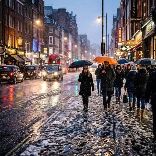 Winter City Street Scene: Snow and Rain Blend