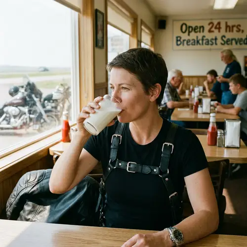 Short-Haired Person sipping Milk in Biker Harness | Website Name