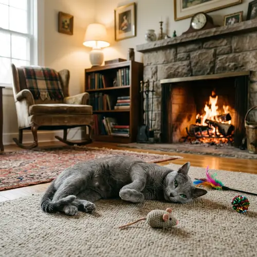 Tranquil Russian Blue Cat in Vintage Living Room Setting
