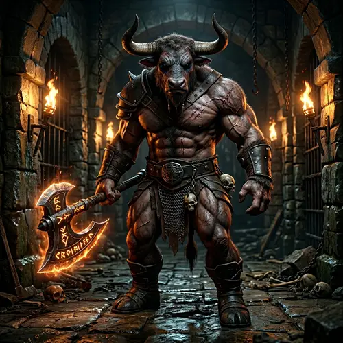 High-Resolution Minotaur with Glowing Axe Art in Dimly Lit Dungeon