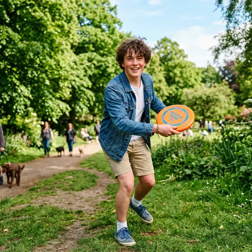 Captivating Youth in Blue Denim Jacket with Frisbee | Green Park Scene