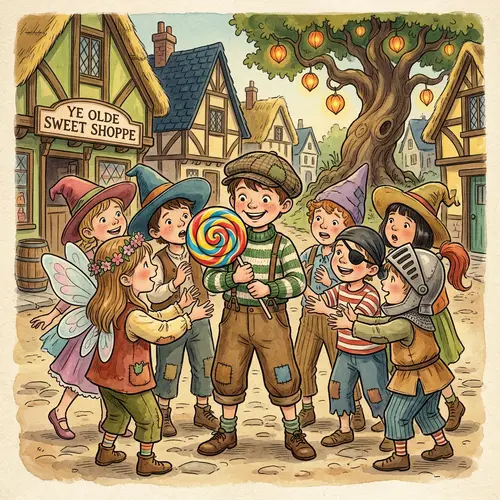 Boy with Candy Surrounded by Children | Fantasy Illustration